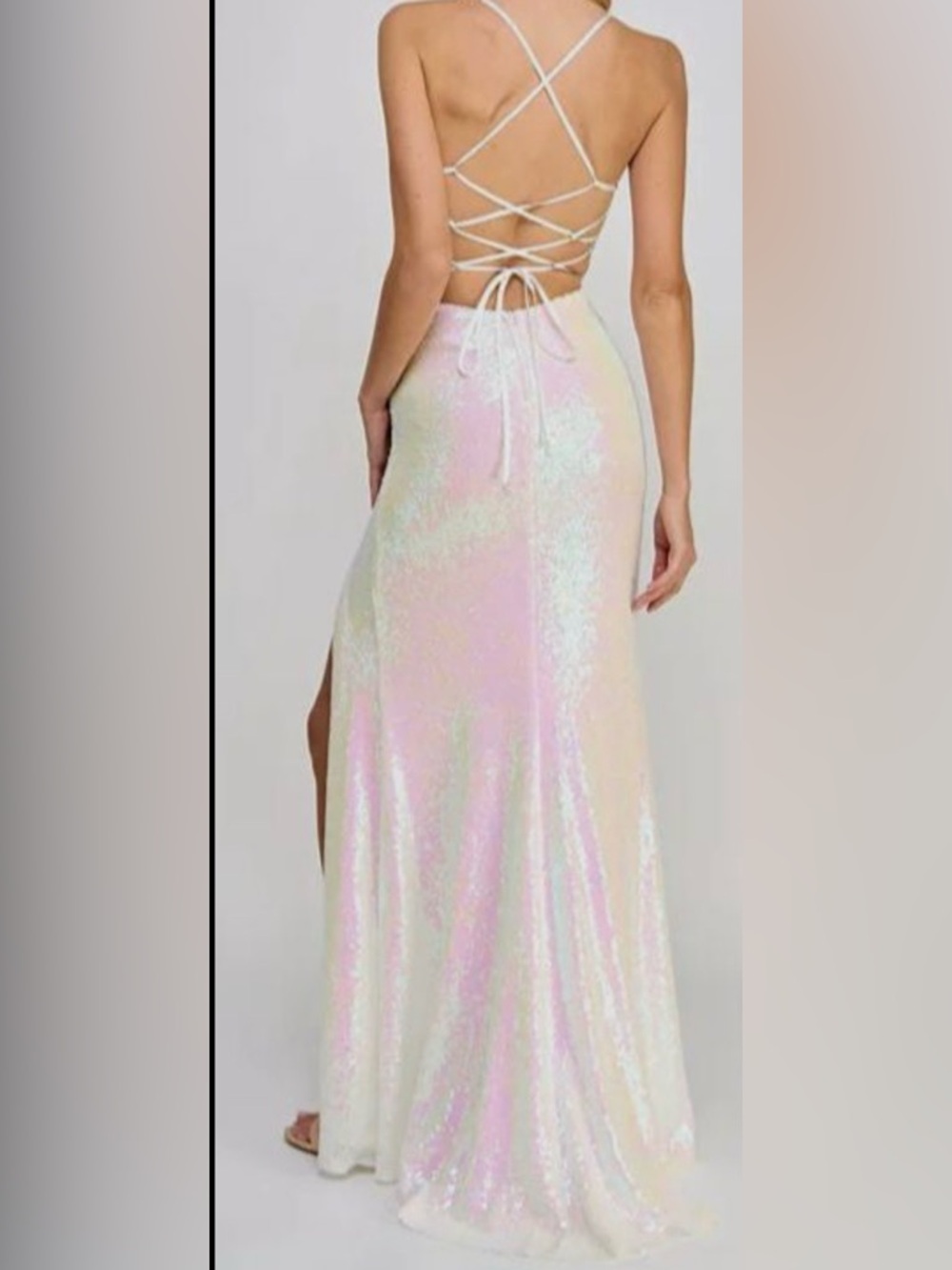 B. Darlin Iridescent Pink-White Sequin Spaghetti Strap Evening Dress Sz 15/16 - Picture 2 of 8